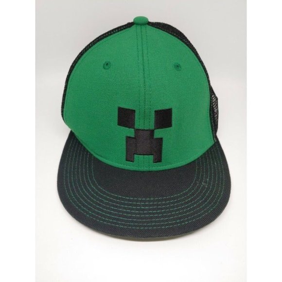 Flat Fitty Minecraft Creeper Green & Black Mesh Trucker Snapback Hat Cap Sandbox - Picture 2 of 8